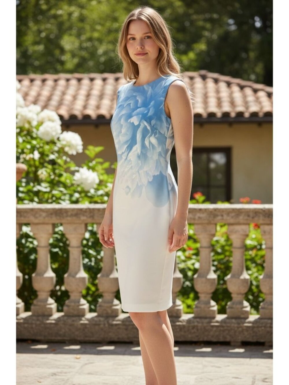 Calvin Klein Womens Size 4 Sheath Dress Blue White Floral Sleeveless Stretch NEW